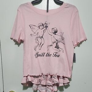 Playful Pink and Black Angel Pajama Set with Ruffles